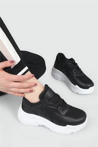 Nefes Alır Kalın Taban Bağcıklı Siyah Beyaz Kadın Spor Ayakkabı Ş-10 Kadın Sneaker Beınsteps 185315580
